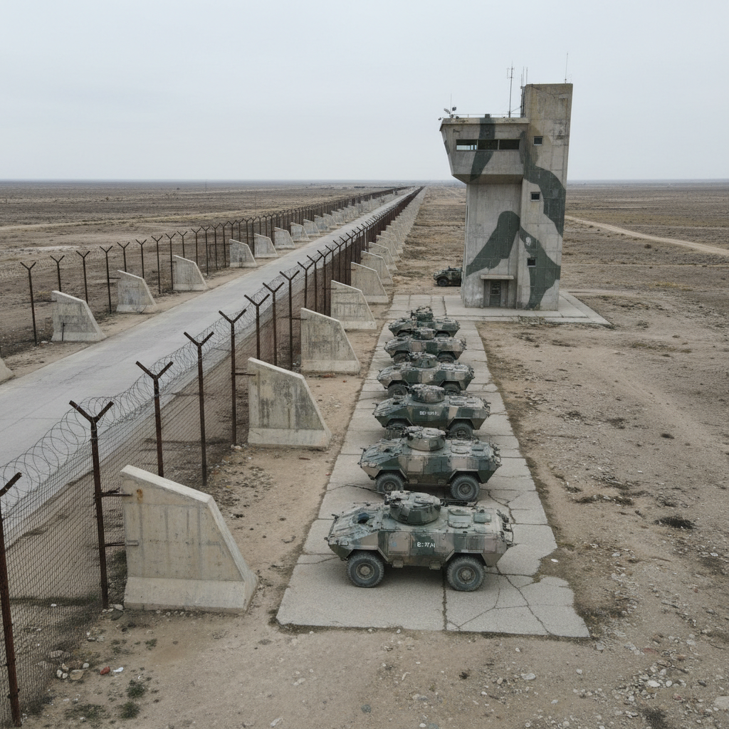 A long, fortified border checkpoint viewed from a distance, with staggered concrete barriers, steel fencing, and a raised watchtower looking over a barren landscape. No people are present; instead, the focus is on the austere geometry of the installations and the faded camouflage paint on static vehicles parked in formation. Overcast daylight creates flat, diffused lighting, softening shadows and enhancing the documentary-style realism. Shot at eye level with deep focus so that every texture—from cracked asphalt to rusted bolts—is clearly visible. The mood is restrained and serious, highlighting the infrastructure of modern security without graphic violence, ideal for an article on escalation and deterrence.