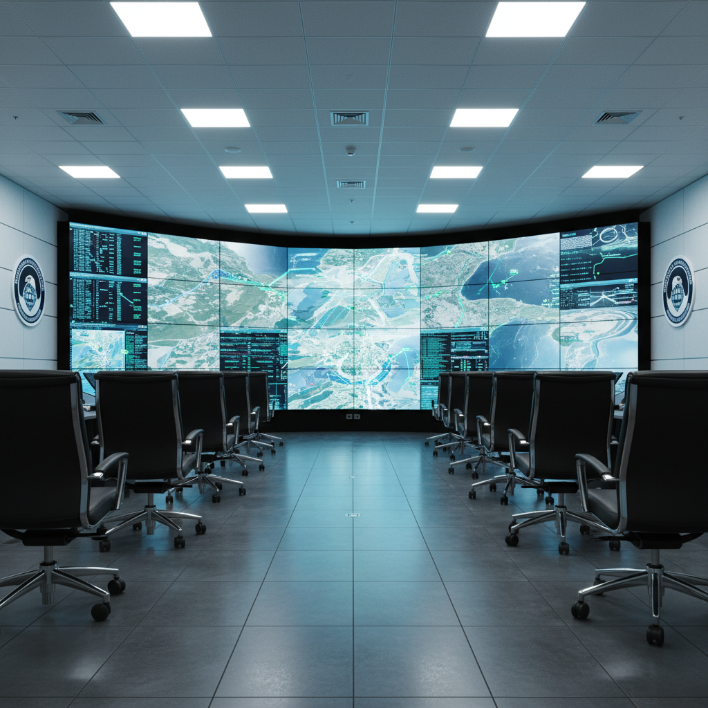 The interior of a modern defense command center, seen from behind a row of unoccupied, high-backed chairs facing a massive wall of screens. The displays show blurred, non-identifiable satellite imagery, tactical maps, and scrolling data feeds in muted blues and greens, suggesting live monitoring of global hotspots without revealing specifics. Cool, even artificial lighting from overhead panels and the screens themselves bathes the room in a soft glow, casting subtle reflections on polished floor tiles. Composed in photographic realism with a wide-angle lens and symmetrical framing, the image conveys order, vigilance, and professionalism for a wartime intelligence feature on real-time monitoring.