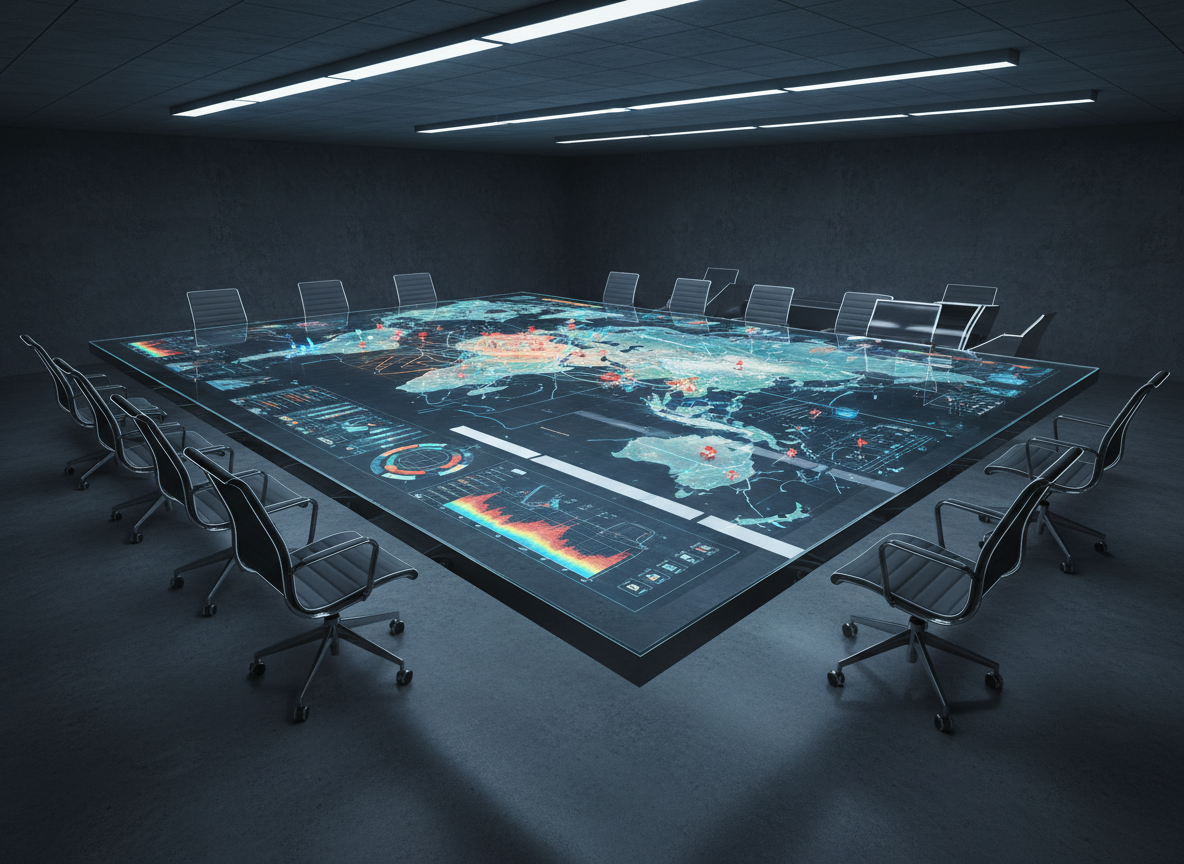 A large, detailed digital situation map glowing on a sleek glass table in a dimly lit operations room, showing multiple continents with highlighted conflict zones, shifting front lines, and moving unit icons. Around the table, only the outlines of empty ergonomic chairs and cold metal consoles are visible, emphasizing the absence of people. Overhead LED panels cast cool, controlled light, producing crisp reflections on the table’s surface and faint shadows on the concrete floor. Shot from a slightly elevated angle in sharp photographic realism, the composition uses the rule of thirds to center the map, creating a professional, analytical mood suited for a global wartime intelligence newsroom homepage.