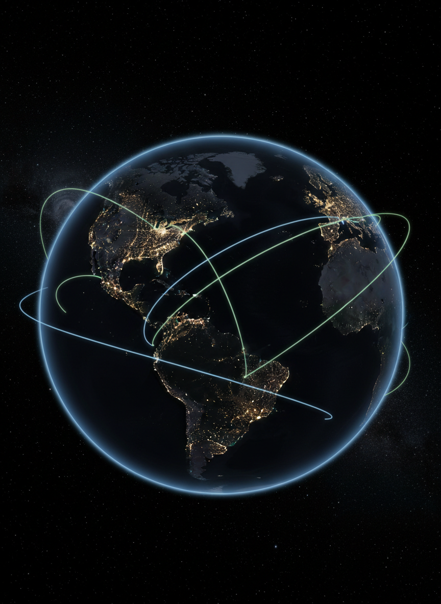 A high-altitude photographic realism view of Earth at night, with clearly defined continents and clusters of golden city lights, overlaid with subtle, translucent arcs suggesting secure communication lines and surveillance orbits. The planet is set against a deep, star-speckled black space, with a faint bluish rim light accentuating the curvature of the globe. The lighting is cool and precise, evoking satellite imagery used in defense analysis. Captured from a cinematic, slightly off-center perspective, the composition emphasizes both scale and precision, creating a calm yet tense atmosphere appropriate for a professional site covering global conflicts and world politics.